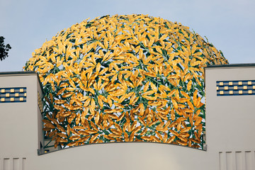 Vienna, Austria - 22 September 2019: Gilt laurel leaves on the golden dome Secession Building