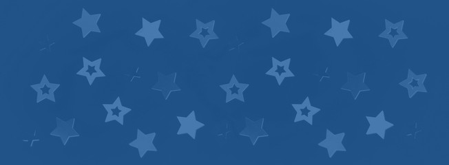 Stars on monochrome color background with bokeh. Texture for new year, birthday, baby shower party. Trendy blue and calm color. Creative pattern. Banner