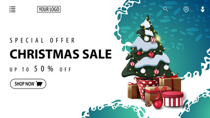 Special offer, Christmas sale, up to 50% off, white and blue discount banner for website with abstract shapes of particles and Christmas tree in a pot with gifts