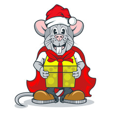 Funny rat character in Santa Claus clothes and with a gift in paws.