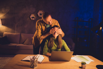 Portrait of his he her she nice attractive lovely cheerful cheery spouses guy covering girl's eyes...
