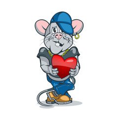 Cartoon rat with a heart in his hand in stylish clothes.