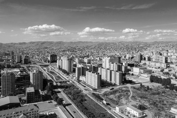 Aerial view of Ulaanbaatar, the capital of Mongolia, circa June 2019