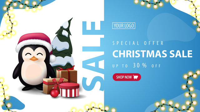 Special offer, Christmas sale, up to 50% off, blue discount banner with liquid abstract shapes, garland and penguin in Santa Claus hat with presents