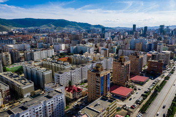 Aerial view of Ulaanbaatar, the capital of Mongolia, circa June 2019