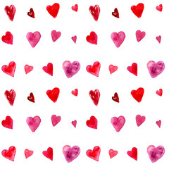 Fototapeta na wymiar seamless watercolor repeat pattern with red and pink hearts