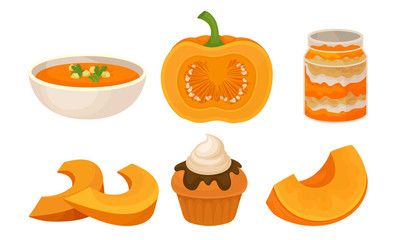 Tasty Pumpkin Dishes Collection, Soup, Jam Jar, Cupcake with Whipped Cream, Traditional Thanksgiving Food Vector Illustration