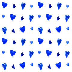 seamless repeat pattern of hand painted watercolor blue indigo hearts isolated on white background