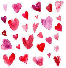 set of hand painted watercolor valentine's day hearts, pink, red and purple isolated on white