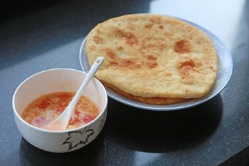 Big cake and egg soup