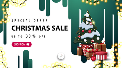 Special offer, Christmas sale, up to 30% off, white discount banner with green streaks of paint on the white wall and Christmas tree in a pot with gifts