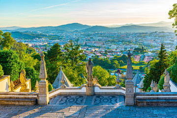 View of the church of Bom Jesus do Monte in Braga famous for sculpture decorated staircase leading...
