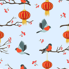 Seamless pattern with bullfinches, rowan and chinese lanterns