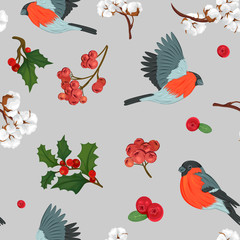 Seamless pattern with bullfinches, rowan berries, cotton flowers and holly