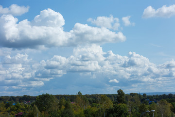 Fototapeta premium White and thick clouds in a blue sky. Cloudy sky and horizon.