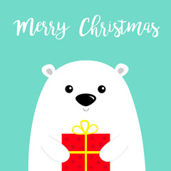 Merry Christmas. White polar bear cub face holding gift box present. Happy New Year. Arctic animal. Cute cartoon baby character. Flat design Hello winter. Blue background.