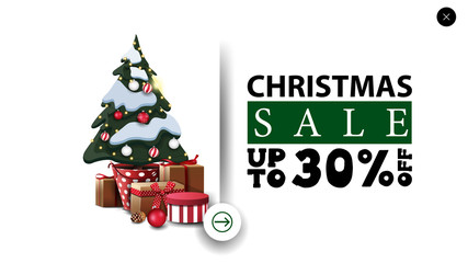 Christmas sale, up to 30% off, white discount banner in minimalistic style for website with Christmas tree in a pot with gifts