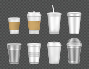 Set of empty transparent realistic cup glasses. Mockup paper, plastic disposable 3D glasses takeaway for cold and hot drinks. Container plastic cup mockups for juice, tea, coffee vector illustration.
