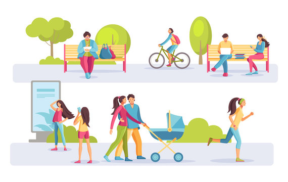 Working with electronic devices, cycling, athletics, photo shoot, and family walks in a public park. People family together elderly kids relax in city park active lifestyle sports vector illustration