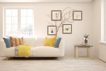 Stylish room in white color with sofa and winter landscape in window. Scandinavian interior design. 3D illustration
