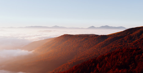 Fototapeta na wymiar Perfect morning moment in alpine foggy valley.