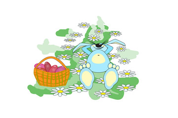 Easter Rabbit isolated on white background. Funny Easter cartoon bunny lying on a meadow on a background of flower. Basket with Easter eggs. Easter card in a flat style. Stock vector illustration.