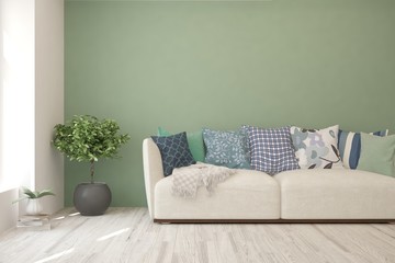 Stylish room in aqua menthe color with sofa. Scandinavian interior design. 3D illustration