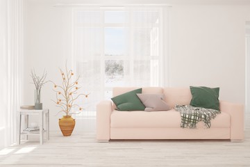 Stylish room in white color with sofa and winter landscape in window. Scandinavian interior design. 3D illustration