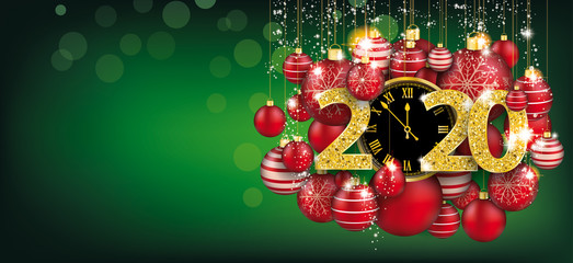 Fototapeta premium Hanging Red Baubles Green Christmas Golden Clock 2020 Header