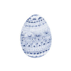 Hand decorated easter egg with traditional-style wax batik decor. Illustration, drawing study of lovely traditional easter egg. Biro, ballpoint pen, royal blue, indigo color. Linear pretty arty style