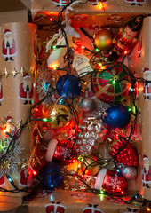 box with garland and christmas decorations 
