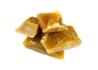 Bees Wax (Beeswax) Raw and Unpurified as it Comes Out of Hive, Melted and Broken into Pieces or Bits, in a Form of Heap or Pile. Production Ingredient for Medical, and Cosmetics. Isolated on White.