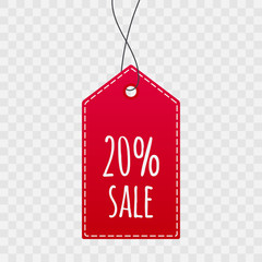 20% shopping tag for sale. Vector isolated icon on transparent background. Sign for label, price, best offer, advertisement