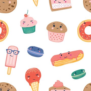 Cute sweets seamless pattern. Desserts colorful backdrop. Ice cream cones, popsicles, cupcakes, macaroons and eclair with custard and frosting on white background. Wrapping paper flat vector design.