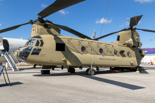 LE BOURGET PARIS - JUN 21, 2019: New US Army Boeing CH-47F Chinook transport helicopter on display at the Paris Air Show.