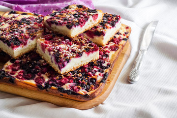 Closeup of berry pie with cottage cheese cut on square slices