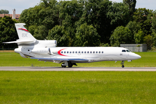 LE BOURGET PARIS - JUN 21, 2019: New Dassault Falcon 8X business jet on the runway during the Paris Air Show.