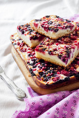 Closeup of berry pie with cottage cheese cut on square slices