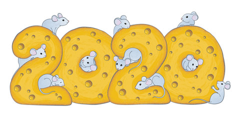 Ten cute mice among cheese numbers on a white background.