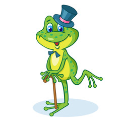 Elegant little frog in cylinder and with walking stick. In cartoon style. Isolated on white background. Vector illustration.