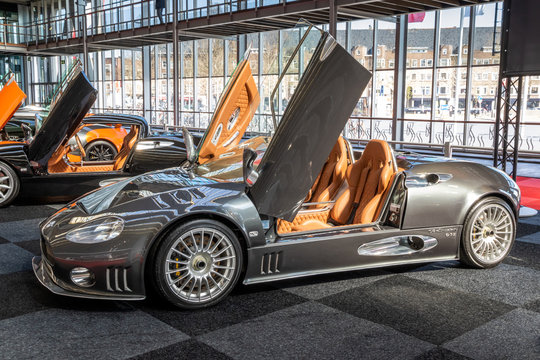 AMSTERDAM - APRIL 5, 2019: Spyker C8 Spyder sports car showcased at the Amsterdam Motor Show.