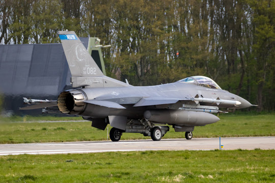 LEEUWARDEN, THE NETHERLANDS - APR 11, 2019: US Air Force F-16C Fighter Jet Plane From 148th FW Minnesota Air National Guard Taking Off From Leeuwarden Air Base During Exercise Frisian Flag 2019.