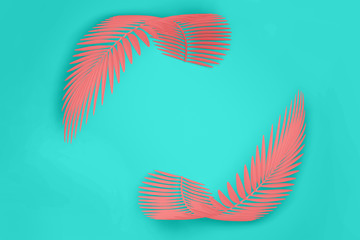 Fototapeta na wymiar Abstract pastel pink and blue modern background of an empty space in the center surrounded by two rounded fluffy palm leaves. 3D illustration.3D render