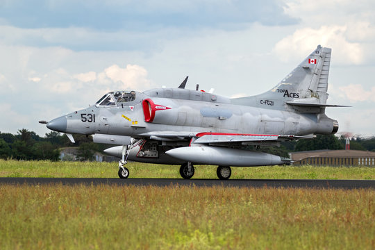 JAGEL, GERMANY - JUN 13, 2019: Discovery Air Defence Douglas A-4 Skyhawk fighter jet plane taxiing after landing on Jagel Airbase.