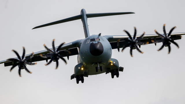 NORDHOLZ, GERMANY - JUN 14, 2019: German Air Force Airbus A400M transport plane on approach to land at Nordholz airbase.