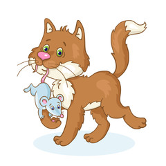 A brown cute cat goes with a mouse in his mouth. In cartoon style. Isolated on white background. Vector illustration.