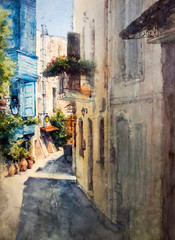 Fototapeta na wymiar Rethymnon,Crete, Greece. Watercolor illustration of a street in a European city
