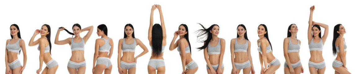 Collage of beautiful young woman in grey sportive underwear isolated on white. Banner design - obrazy, fototapety, plakaty