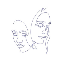 Continuous line, two women faces. Abstract, modern art. Fashion concept, one line drawing for use in design.