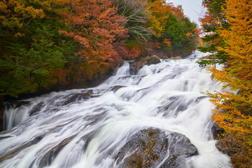 ryuzu fall with colorful of autumn in nikko japan